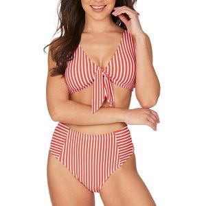 Torino Stripe Red Connie Faux Knot Design Tummy Control Bikini Set Swimsuit